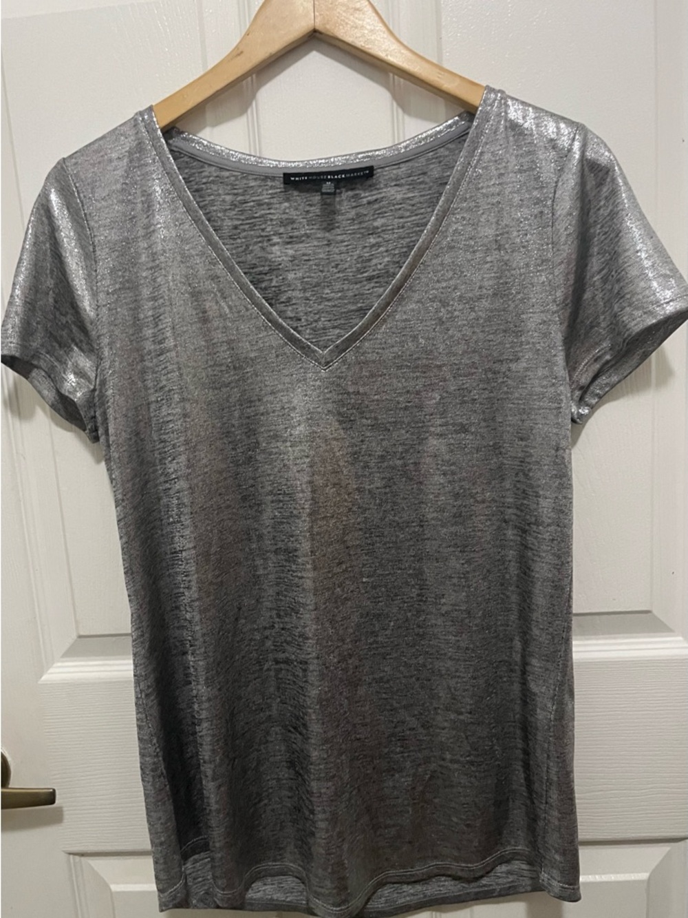 White House Black Market Metallic Silver V-Neck Short Sleeve Tee